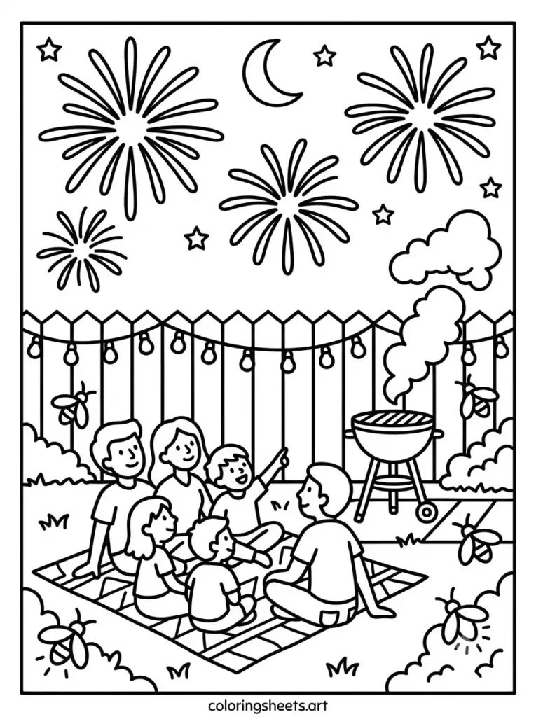 Backyard fireworks in August coloring page for kids printable