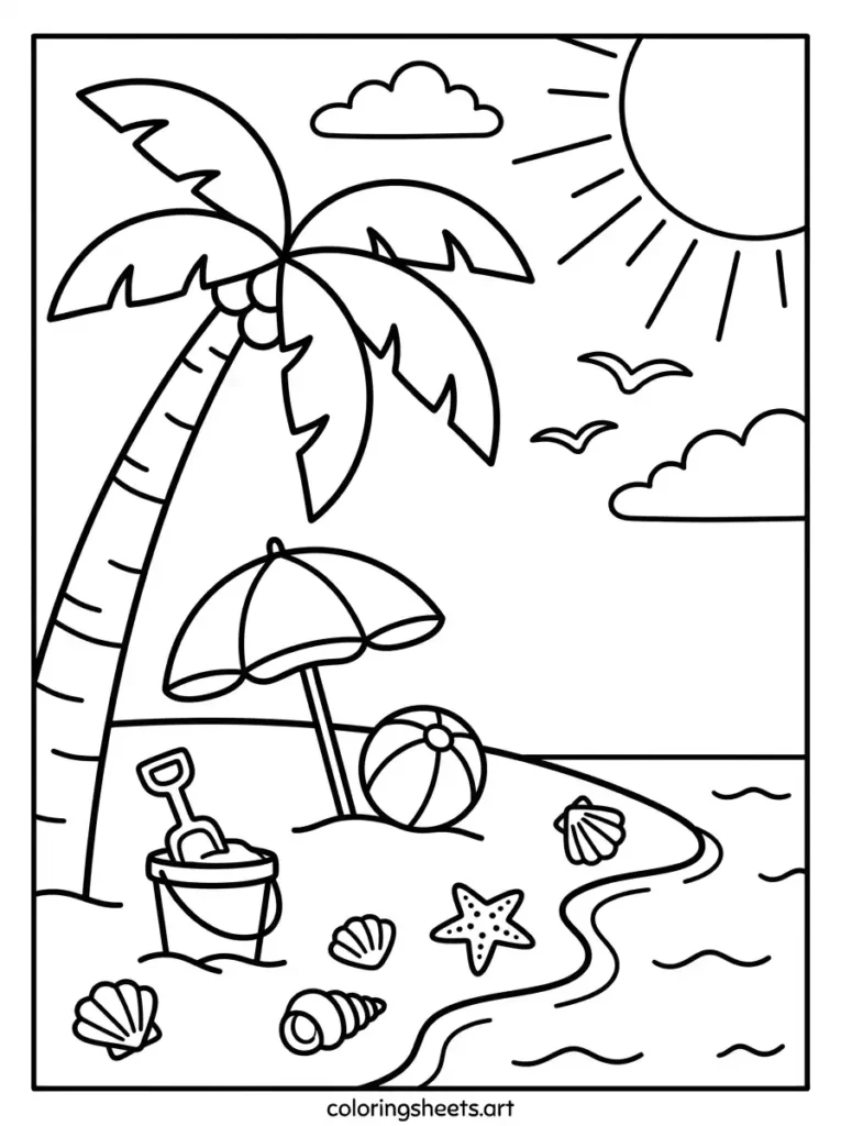 Beach scene in August coloring page for kids free printable