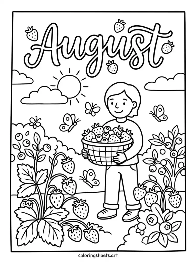 Berry picking in August coloring page for kids printable free