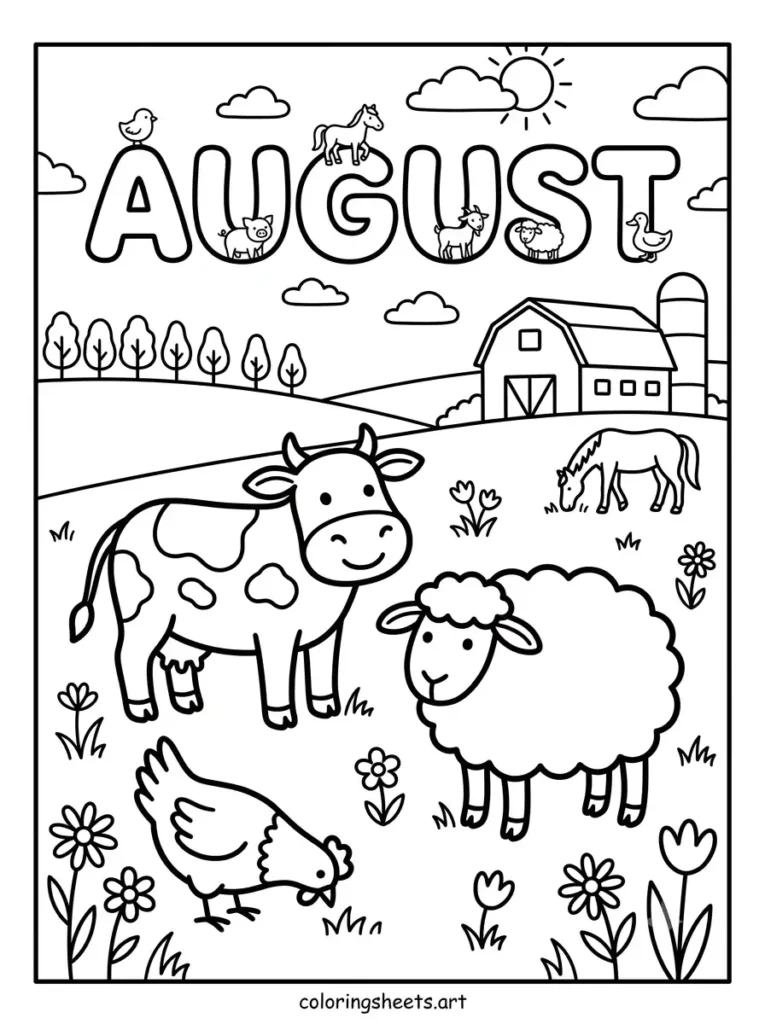 Farm animals in August meadow coloring page for kids free