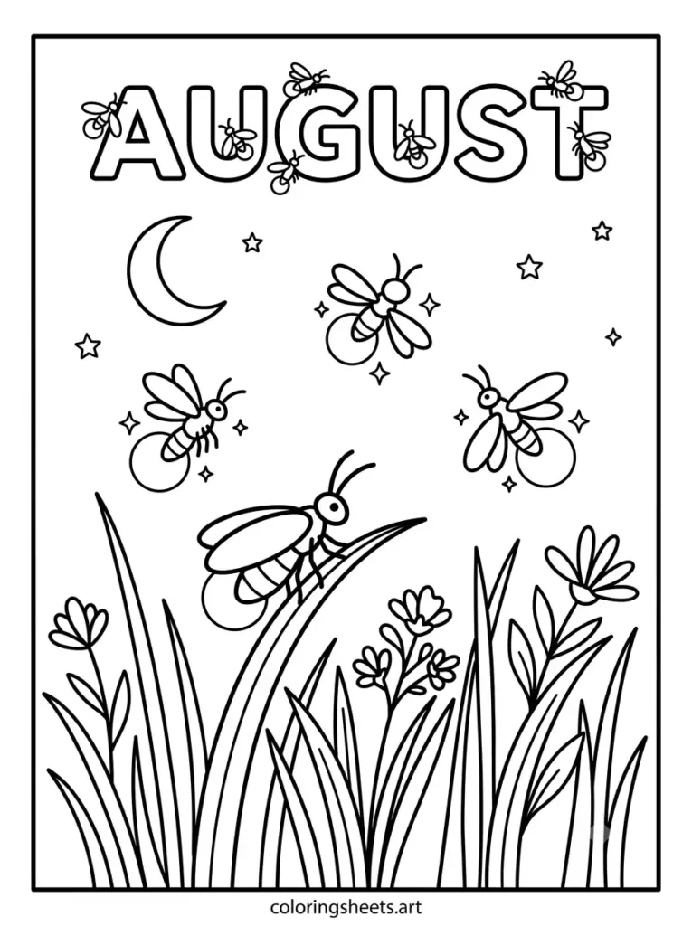 Fireflies in August evening sky coloring page for toddlers simple