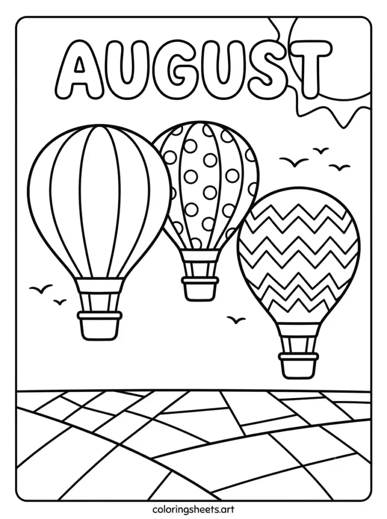Hot air balloons over farmland in August coloring page for kids free