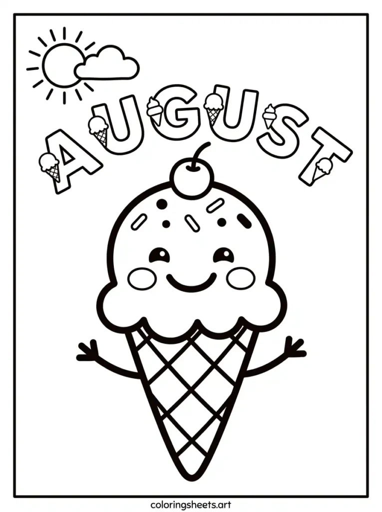 Cute ice cream character in August coloring page for toddlers