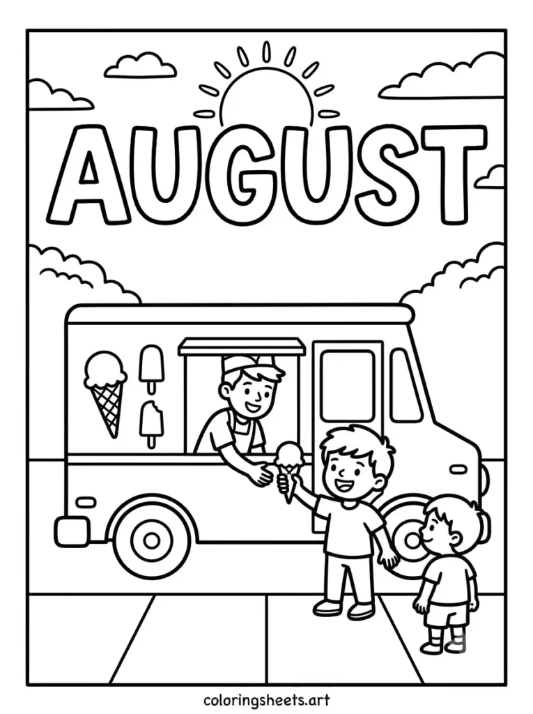 Ice cream truck in August coloring page for toddlers simple