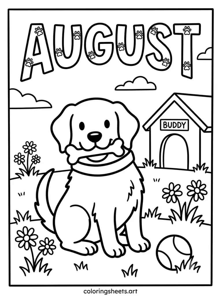 National Dog Day puppy in August coloring page for toddlers simple
