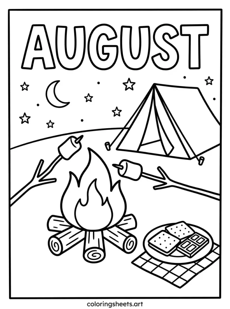 S'mores Day campfire in August coloring page for kids free printable