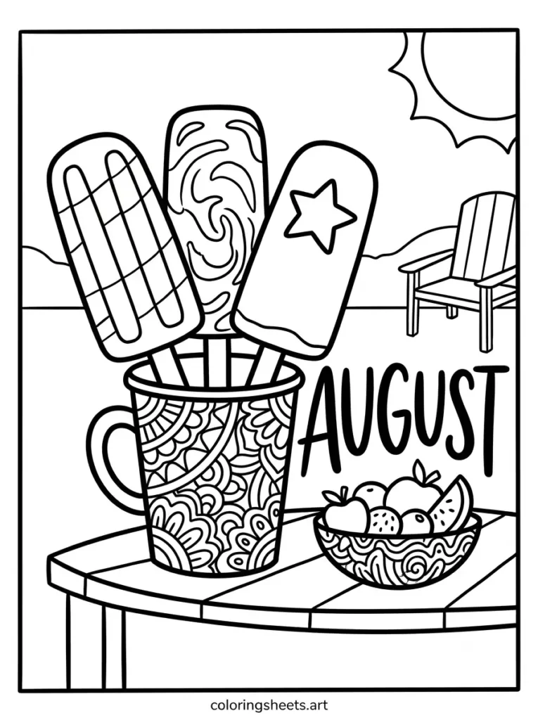 Popsicle treats in August coloring page for toddlers simple