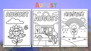 printable August coloring pages featuring a smiling sunflower with sunglasses, an ice cream truck with children, and a summer rainbow with a tree