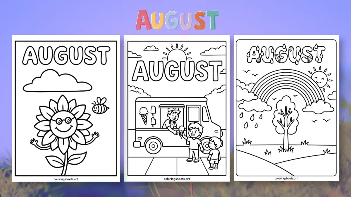 printable August coloring pages featuring a smiling sunflower with sunglasses, an ice cream truck with children, and a summer rainbow with a tree