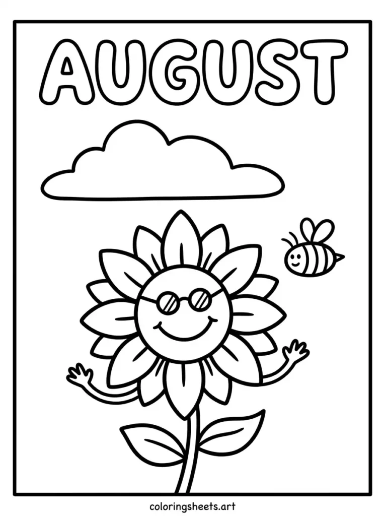 Cute sunflower character in August coloring page for kids