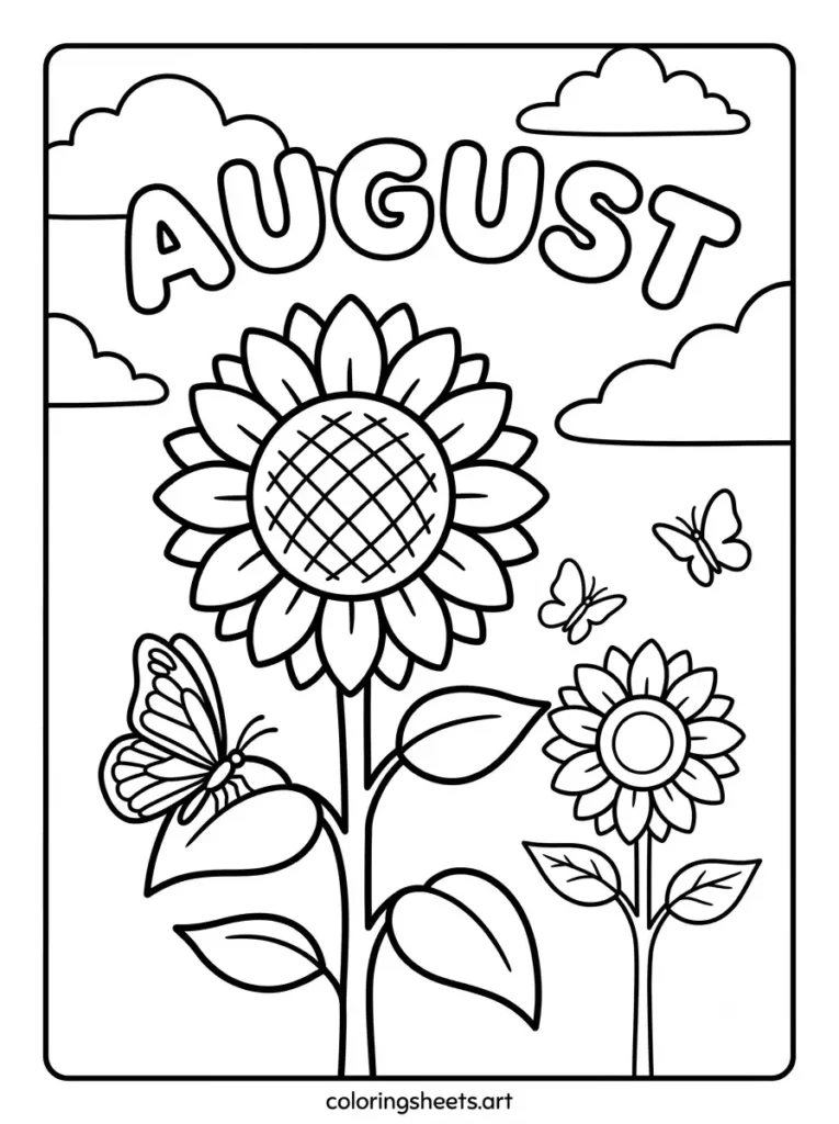 Sunflower field with butterflies in August coloring page for kids free printable