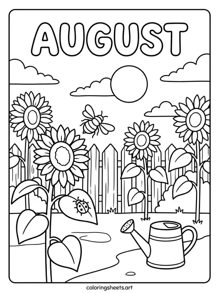 Sunflower garden in August coloring page for kids free printable