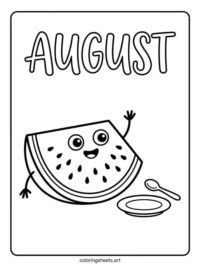Cute watermelon character in August coloring page for kids free