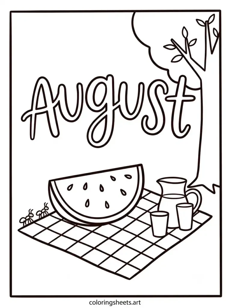 Watermelon picnic in August coloring page for kids printable free