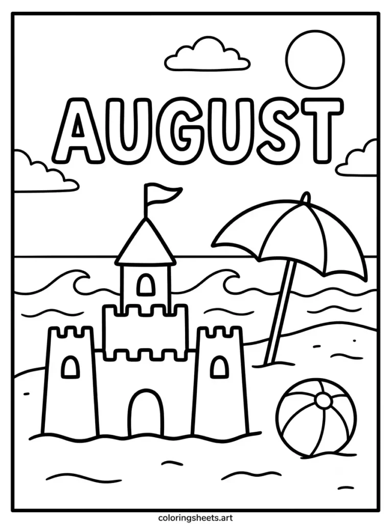 Beach day with sandcastle in August coloring sheet for kids printable PDF