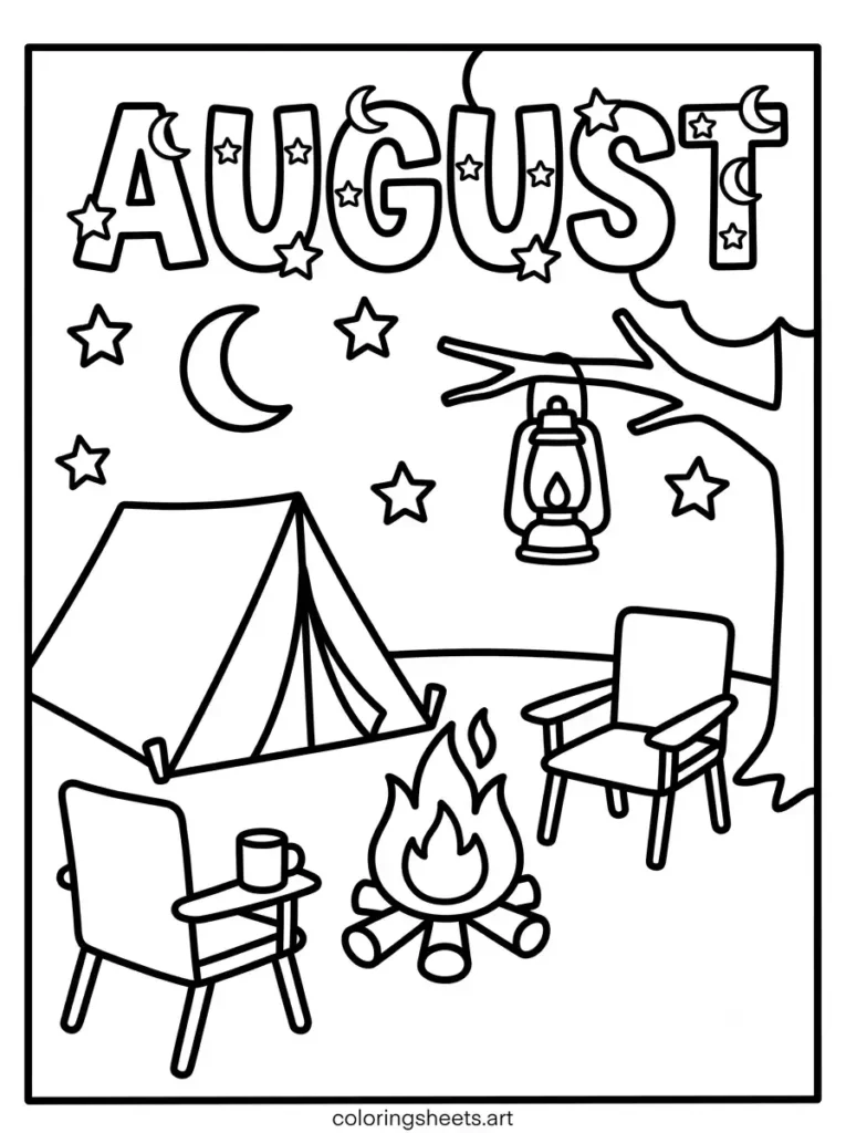 Camping under stars in August coloring sheet for kids printable