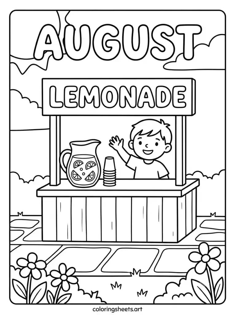 Lemonade stand in August coloring sheet for kids printable PDF
