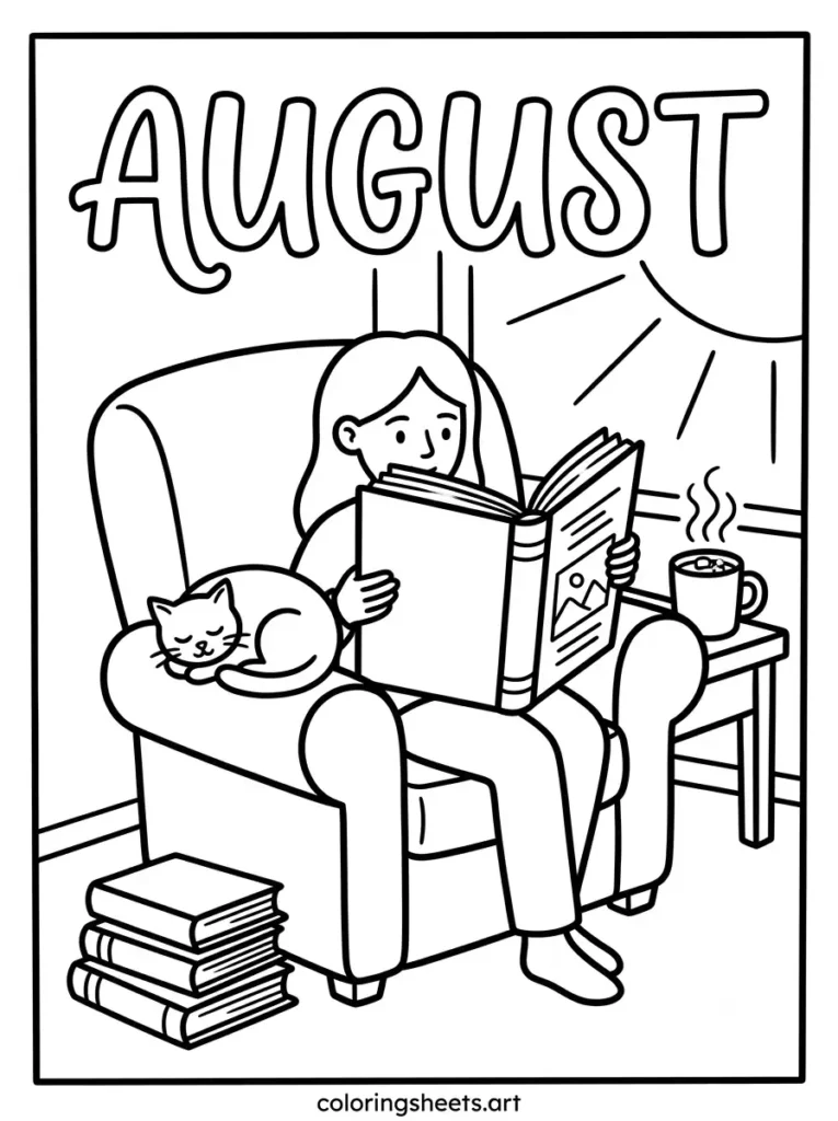 Book Lovers Day reading in August coloring sheet for kids printable