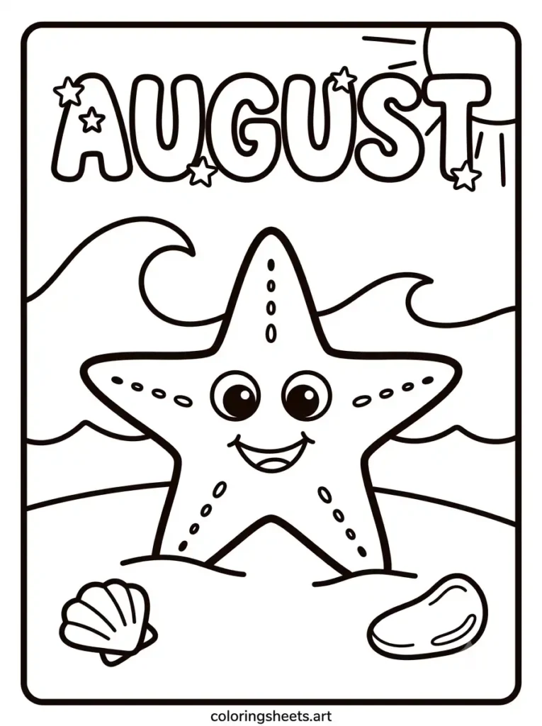 Starfish friend in August coloring sheet for kids printable