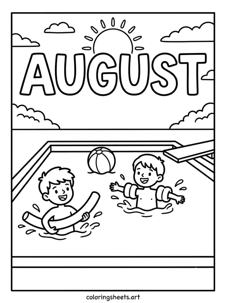 Swimming pool fun in August coloring sheet for kids free printable
