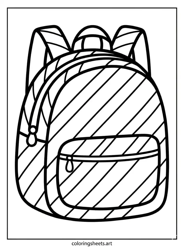Free printable backpack coloring pages for kids showcasing a modern bookbag with wide diagonal stripes coloring page