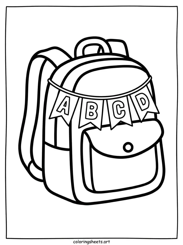 Free printable backpack coloring pages for kids featuring a school bag with an A B C D banner coloring page