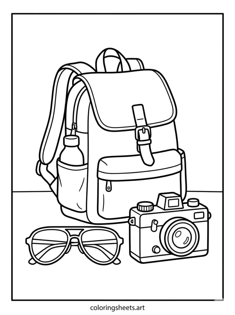 Free printable backpack coloring pages for kids featuring a summer canvas pack with sunglasses and camera coloring page