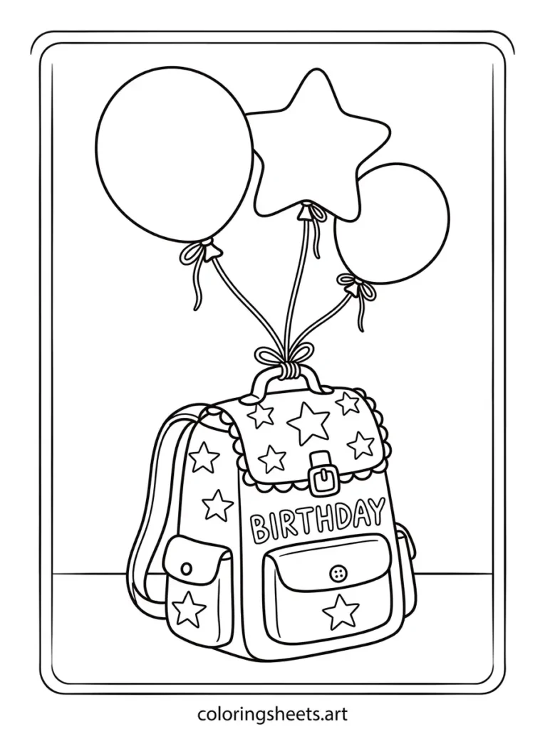 Free printable backpack coloring pages for kids showcasing a festive daypack tied with floating balloons coloring page