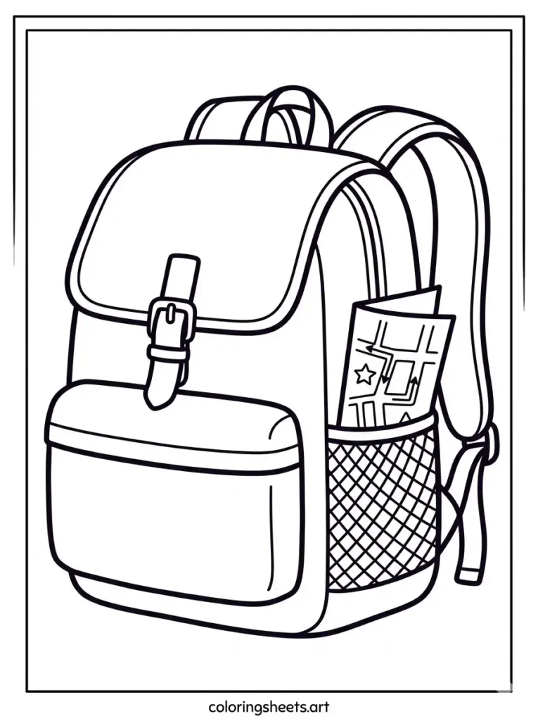 Free printable backpack coloring pages for kids containing an urban explorer pack and a tour brochure coloring page