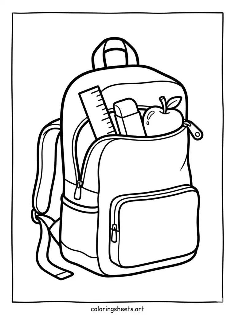 Simple backpack coloring sheets for toddlers showing a large front zipper pocket with basic supplies coloring page