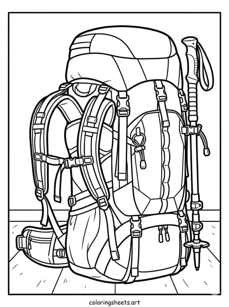 Detailed backpack coloring pages for adults presenting a technical mountain rucksack with trail gear coloring page