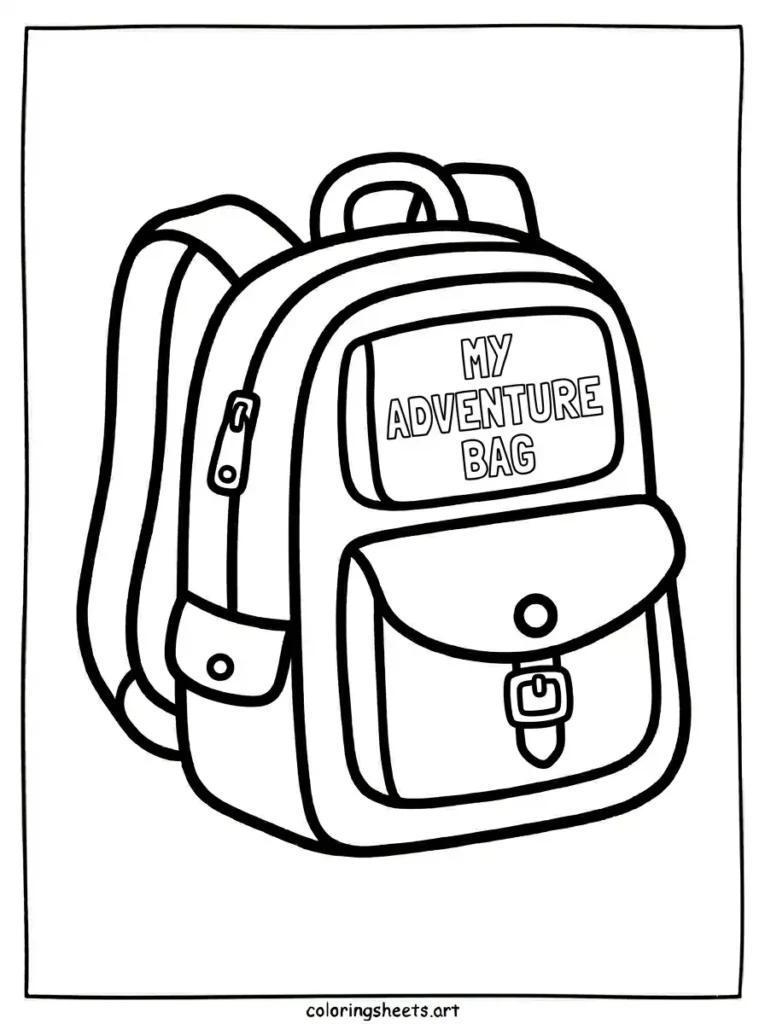 Free printable backpack coloring pages for kids featuring a travel pack with a custom label area coloring page
