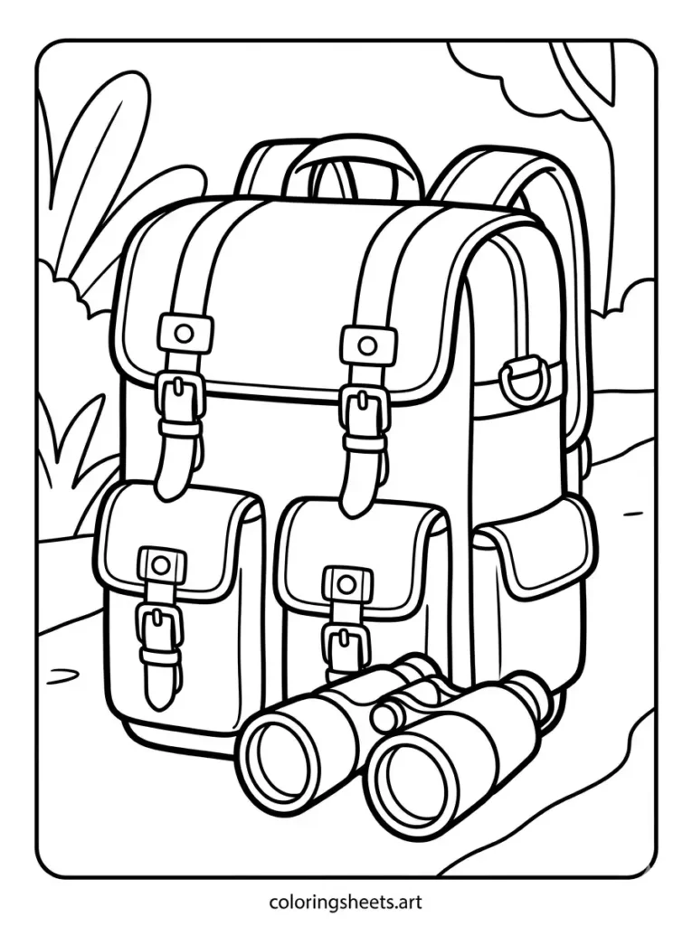 Free printable backpack coloring pages for kids displaying an exploration pack and field binoculars coloring page