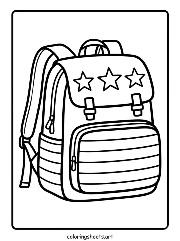 Free printable backpack coloring pages for kids showcasing a patriotic theme pack with stars and stripes coloring page