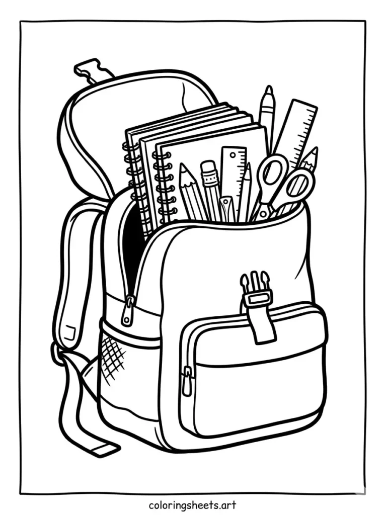 Simple backpack coloring pages for kids featuring an open school bag with pencils and notebooks coloring page