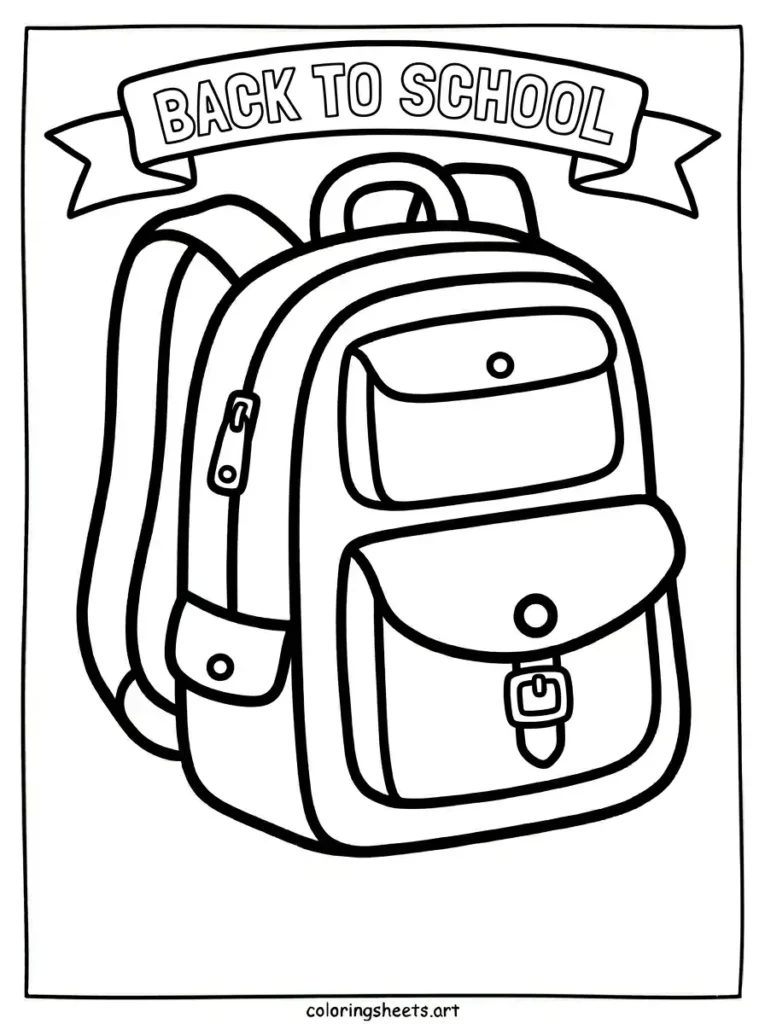 Free printable backpack coloring sheets for kids containing a large bag and a BACK TO SCHOOL banner coloring page