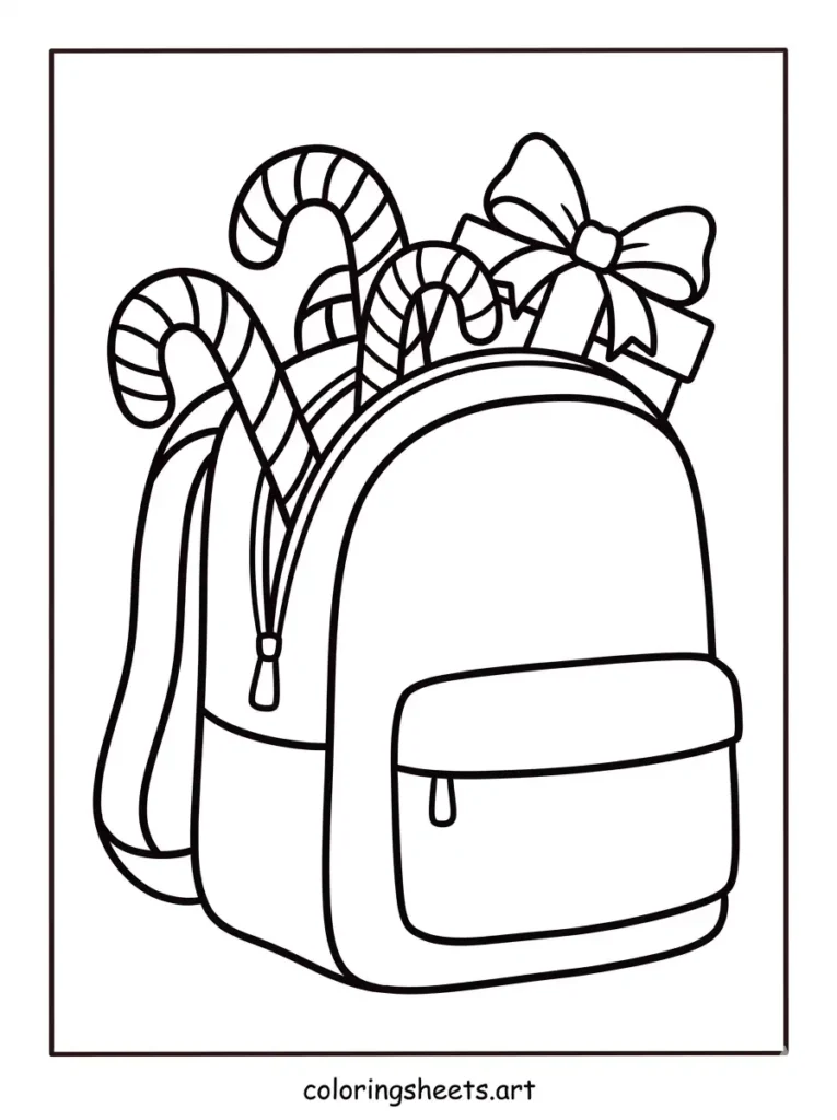 Free printable backpack coloring sheets for kids featuring a holiday school bag with candy canes coloring page