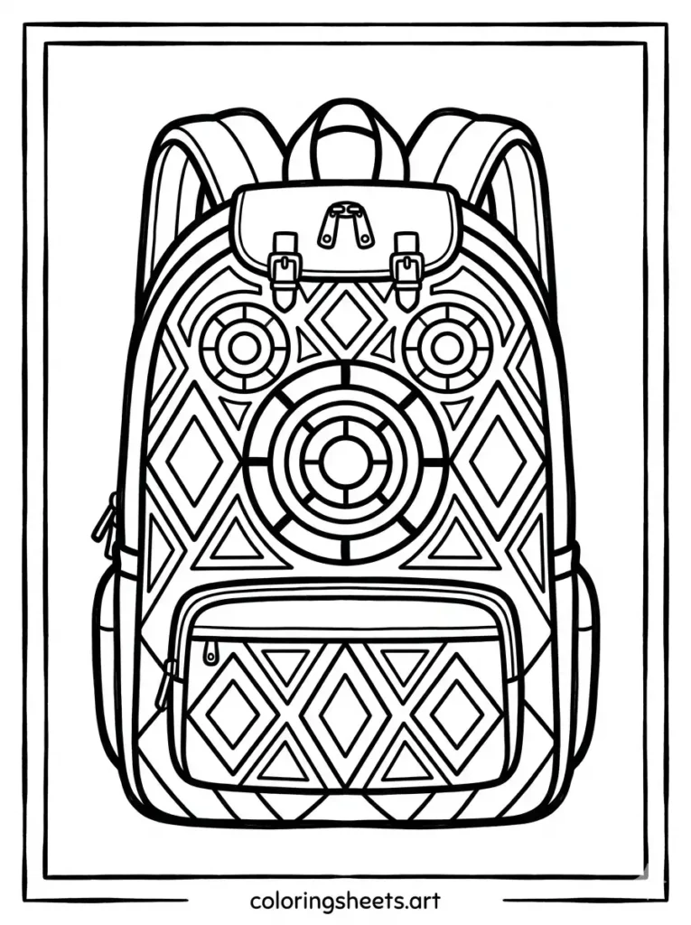 Detailed backpack coloring sheets for adults featuring a geometric pattern and diamond panels coloring page