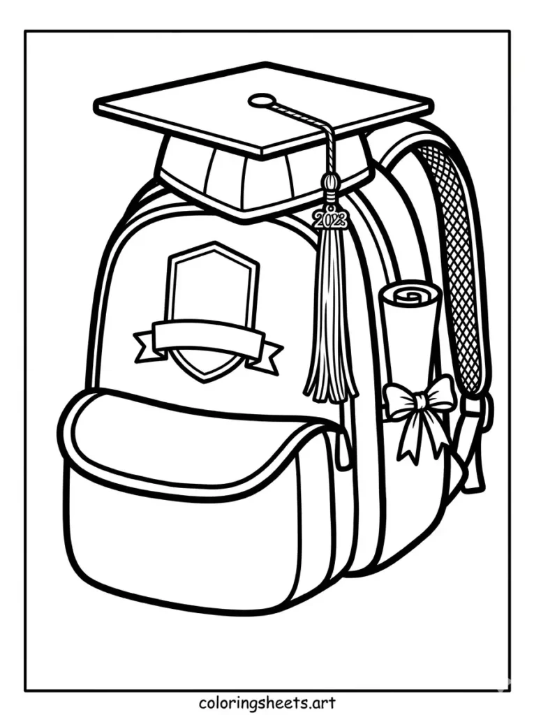 Detailed backpack coloring sheets for adults showing a senior graduation pack topped with a mortarboard cap coloring page