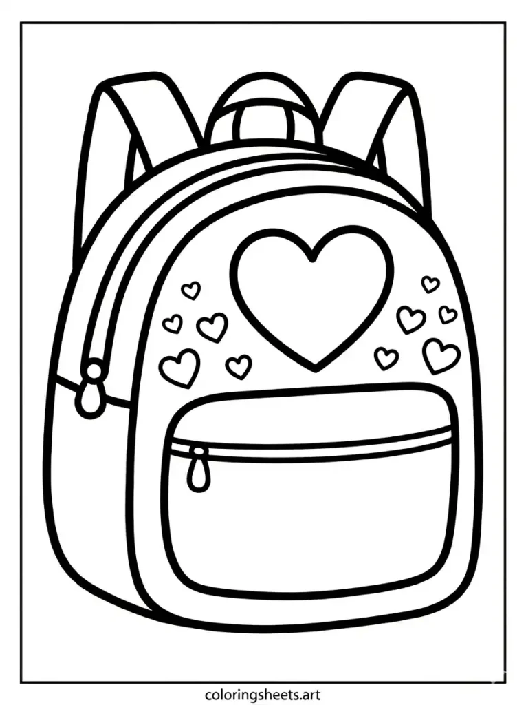 Free printable backpack coloring sheets for kids decorated with a large central heart shape coloring page
