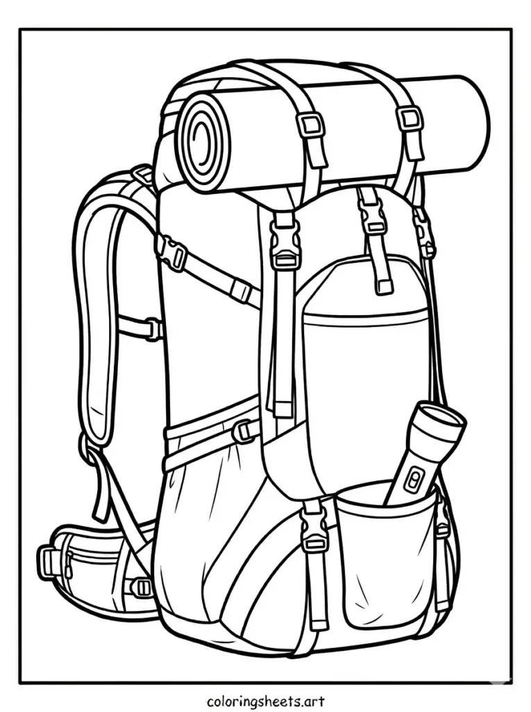 Free printable backpack coloring sheets for kids featuring a wilderness trail pack with sleeping mat coloring page