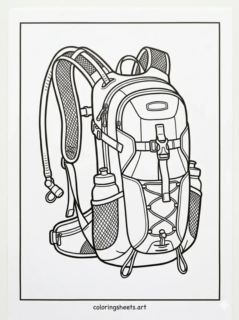 Backpack coloring sheets for adults showing an athletic hydration sport pack with tube system coloring page