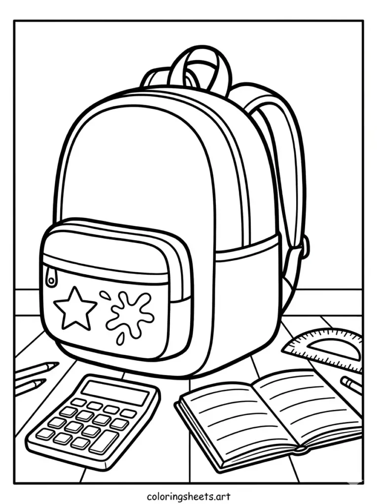 Free printable backpack coloring sheets for kids illustrating an upright bag on a school desk coloring page