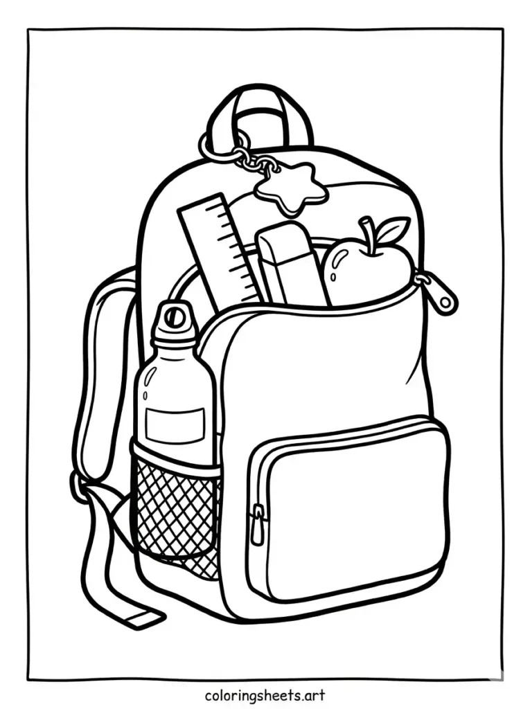 Free printable backpack coloring pages for kids with side mesh drink holder and simple accents coloring page