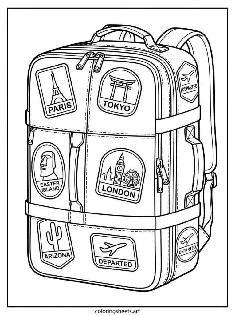 Detailed backpack coloring sheets for adults featuring an airport carry-on bag with blank travel stamps coloring page