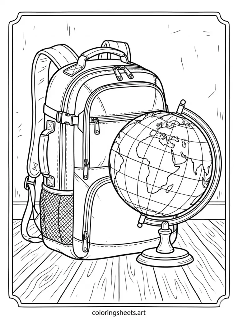 Detailed backpack coloring sheets for adults showing a vacation luggage pack and continent globe coloring page