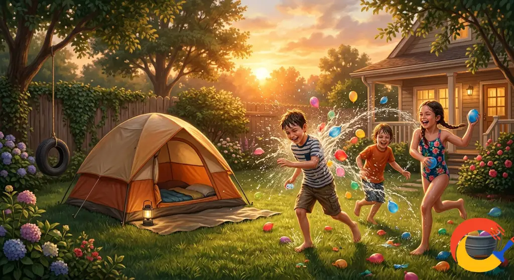 Kids having a backyard water balloon fight during a summer evening camp-out