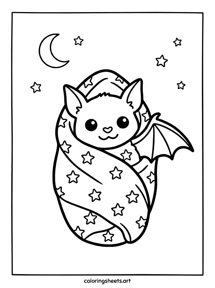 Baby bat snuggled in blanket coloring page for kids free printable