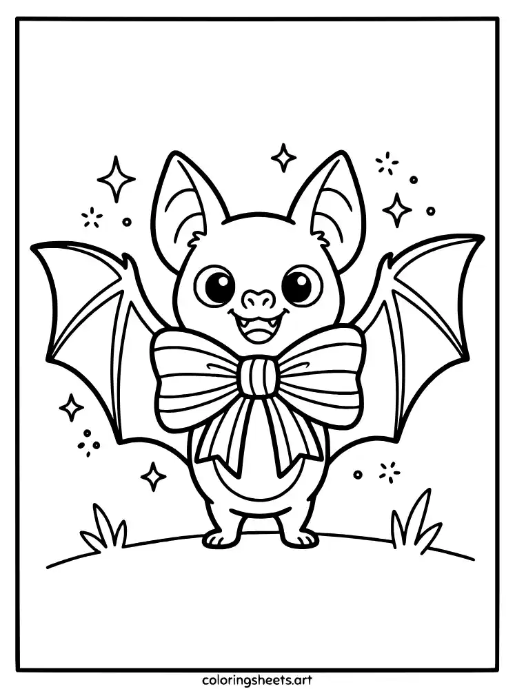 Bat with big bow tie coloring page for kids free PDF