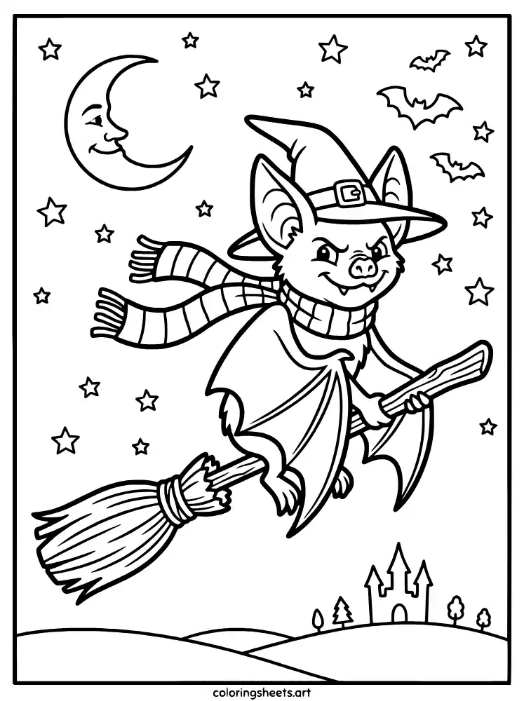 Bat with broomstick coloring page for kids free printable